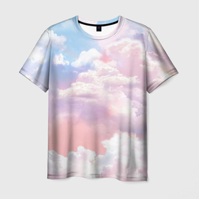 Мужская футболка 3D с принтом Розовые облака в голубых небесах в Кировске, 100% полиэфир | прямой крой, круглый вырез горловины, длина до линии бедер | 