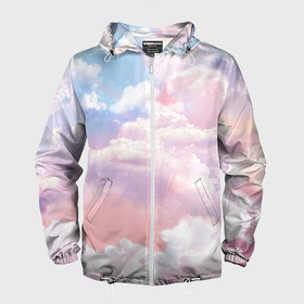 Мужская ветровка 3D с принтом Розовые облака в голубых небесах в Курске, 100% полиэстер | подол и капюшон оформлены резинкой с фиксаторами, два кармана без застежек по бокам, один потайной карман на груди | 