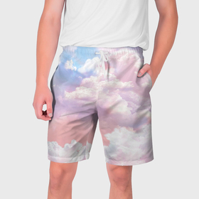 Мужские шорты 3D с принтом Розовые облака в голубых небесах в Новосибирске,  полиэстер 100% | прямой крой, два кармана без застежек по бокам. Мягкая трикотажная резинка на поясе, внутри которой широкие завязки. Длина чуть выше колен | 