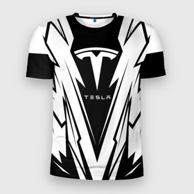 Мужская футболка 3D Slim с принтом Tesla   black and white в Петрозаводске, 100% полиэстер с улучшенными характеристиками | приталенный силуэт, круглая горловина, широкие плечи, сужается к линии бедра | 