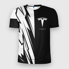 Мужская футболка 3D Slim с принтом Tesla   carbon texture в Петрозаводске, 100% полиэстер с улучшенными характеристиками | приталенный силуэт, круглая горловина, широкие плечи, сужается к линии бедра | 