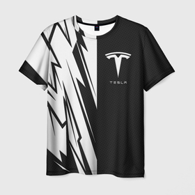 Мужская футболка 3D с принтом Tesla   carbon texture в Петрозаводске, 100% полиэфир | прямой крой, круглый вырез горловины, длина до линии бедер | Тематика изображения на принте: 