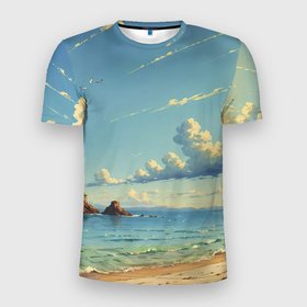 Мужская футболка 3D Slim с принтом Пейзаж с голубым небом в Курске, 100% полиэстер с улучшенными характеристиками | приталенный силуэт, круглая горловина, широкие плечи, сужается к линии бедра | 
