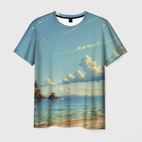 Мужская футболка 3D с принтом Пейзаж с голубым небом в Петрозаводске, 100% полиэфир | прямой крой, круглый вырез горловины, длина до линии бедер | 
