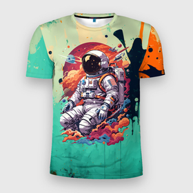 Мужская футболка 3D Slim с принтом Космонавт и планеты в Петрозаводске, 100% полиэстер с улучшенными характеристиками | приталенный силуэт, круглая горловина, широкие плечи, сужается к линии бедра | 