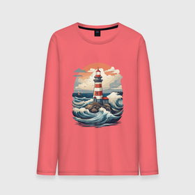 Мужской лонгслив хлопок с принтом Маяк в море с волнами в Курске, 100% хлопок |  | Тематика изображения на принте: 