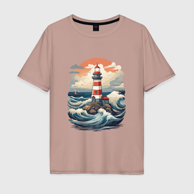 Мужская футболка хлопок Oversize с принтом Маяк в море с волнами в Курске, 100% хлопок | свободный крой, круглый ворот, “спинка” длиннее передней части | Тематика изображения на принте: 