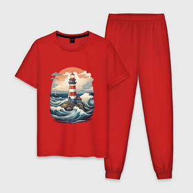 Мужская пижама хлопок с принтом Маяк в море с волнами в Белгороде, 100% хлопок | брюки и футболка прямого кроя, без карманов, на брюках мягкая резинка на поясе и по низу штанин
 | 