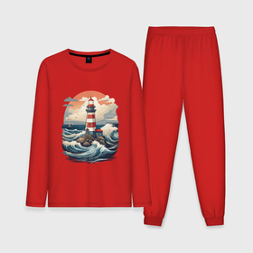 Мужская пижама с лонгсливом хлопок с принтом Маяк в море с волнами в Белгороде,  |  | 