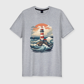 Мужская футболка хлопок Slim с принтом Маяк в море с волнами в Курске, 92% хлопок, 8% лайкра | приталенный силуэт, круглый вырез ворота, длина до линии бедра, короткий рукав | Тематика изображения на принте: 