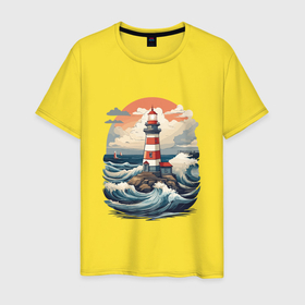 Мужская футболка хлопок с принтом Маяк в море с волнами в Курске, 100% хлопок | прямой крой, круглый вырез горловины, длина до линии бедер, слегка спущенное плечо. | 