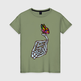Женская футболка хлопок с принтом Рука скелета и бабочка в Петрозаводске, 100% хлопок | прямой крой, круглый вырез горловины, длина до линии бедер, слегка спущенное плечо | 