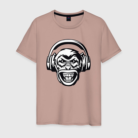 Мужская футболка хлопок с принтом Monkey sound в Санкт-Петербурге, 100% хлопок | прямой крой, круглый вырез горловины, длина до линии бедер, слегка спущенное плечо. | Тематика изображения на принте: 