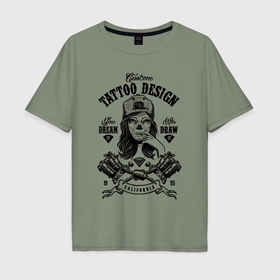 Мужская футболка хлопок Oversize с принтом Custom tattoo saloon в Кировске, 100% хлопок | свободный крой, круглый ворот, “спинка” длиннее передней части | Тематика изображения на принте: 