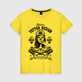 Женская футболка хлопок с принтом Custom tattoo saloon в Курске, 100% хлопок | прямой крой, круглый вырез горловины, длина до линии бедер, слегка спущенное плечо | 