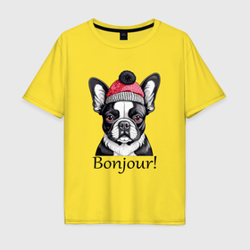 Мужская футболка хлопок Oversize с принтом Собака породы французский бульдог в шапке в Курске, 100% хлопок | свободный крой, круглый ворот, “спинка” длиннее передней части | Тематика изображения на принте: 