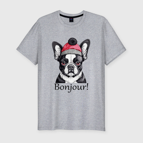 Мужская футболка хлопок Slim с принтом Собака породы французский бульдог в шапке , 92% хлопок, 8% лайкра | приталенный силуэт, круглый вырез ворота, длина до линии бедра, короткий рукав | 