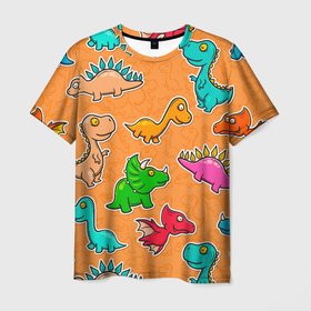 Мужская футболка 3D с принтом Маленькие динозавры , 100% полиэфир | прямой крой, круглый вырез горловины, длина до линии бедер | 