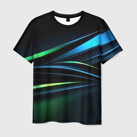 Мужская футболка 3D с принтом Синие и зеленые линии неоновая космическая абстракция в Кировске, 100% полиэфир | прямой крой, круглый вырез горловины, длина до линии бедер | 