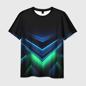Мужская футболка 3D с принтом Зелено синяя абстракция неон в Белгороде, 100% полиэфир | прямой крой, круглый вырез горловины, длина до линии бедер | 