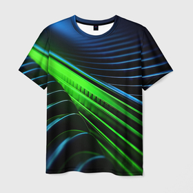 Мужская футболка 3D с принтом Зелено синяя абстракция  неон в Белгороде, 100% полиэфир | прямой крой, круглый вырез горловины, длина до линии бедер | 