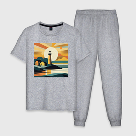 Мужская пижама хлопок с принтом Маяк под лучами солнца минимализм в Петрозаводске, 100% хлопок | брюки и футболка прямого кроя, без карманов, на брюках мягкая резинка на поясе и по низу штанин
 | 