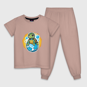 Детская пижама хлопок с принтом Черепашка и мяч в Новосибирске, 100% хлопок |  брюки и футболка прямого кроя, без карманов, на брюках мягкая резинка на поясе и по низу штанин
 | 