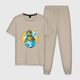 Мужская пижама хлопок с принтом Черепашка и мяч в Санкт-Петербурге, 100% хлопок | брюки и футболка прямого кроя, без карманов, на брюках мягкая резинка на поясе и по низу штанин
 | 