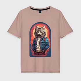Мужская футболка хлопок Oversize с принтом Стильный кот в Кировске, 100% хлопок | свободный крой, круглый ворот, “спинка” длиннее передней части | 