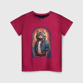 Детская футболка хлопок с принтом Стильный кот в Кировске, 100% хлопок | круглый вырез горловины, полуприлегающий силуэт, длина до линии бедер | 