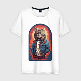 Мужская футболка хлопок с принтом Стильный кот в Петрозаводске, 100% хлопок | прямой крой, круглый вырез горловины, длина до линии бедер, слегка спущенное плечо. | 