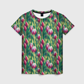 Женская футболка 3D с принтом Весенние цветы на поляне в Тюмени, 100% полиэфир ( синтетическое хлопкоподобное полотно) | прямой крой, круглый вырез горловины, длина до линии бедер | 