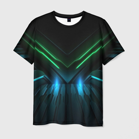 Мужская футболка 3D с принтом Blue green neon light в Санкт-Петербурге, 100% полиэфир | прямой крой, круглый вырез горловины, длина до линии бедер | Тематика изображения на принте: 