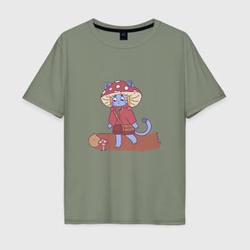 Мужская футболка хлопок Oversize с принтом Кот в шляпе в лесу в Санкт-Петербурге, 100% хлопок | свободный крой, круглый ворот, “спинка” длиннее передней части | 