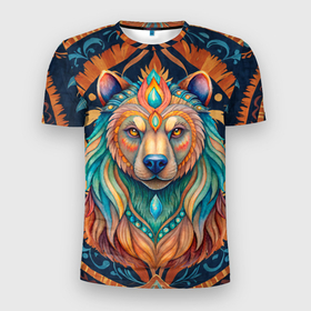 Мужская футболка 3D Slim с принтом Медведь шаман тотемное животное в Екатеринбурге, 100% полиэстер с улучшенными характеристиками | приталенный силуэт, круглая горловина, широкие плечи, сужается к линии бедра | Тематика изображения на принте: 