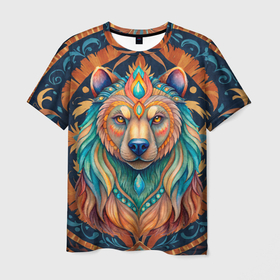 Мужская футболка 3D с принтом Медведь шаман тотемное животное в Петрозаводске, 100% полиэфир | прямой крой, круглый вырез горловины, длина до линии бедер | 