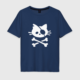 Мужская футболка хлопок Oversize с принтом Кот пират белый в Курске, 100% хлопок | свободный крой, круглый ворот, “спинка” длиннее передней части | 