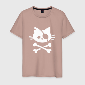 Мужская футболка хлопок с принтом Кот пират белый в Курске, 100% хлопок | прямой крой, круглый вырез горловины, длина до линии бедер, слегка спущенное плечо. | 