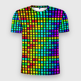 Мужская футболка 3D Slim с принтом Разноцветные квадраты на чёрном фоне в Тюмени, 100% полиэстер с улучшенными характеристиками | приталенный силуэт, круглая горловина, широкие плечи, сужается к линии бедра | 