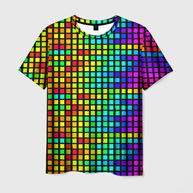Мужская футболка 3D с принтом Разноцветные квадраты на чёрном фоне в Екатеринбурге, 100% полиэфир | прямой крой, круглый вырез горловины, длина до линии бедер | 