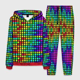 Мужской костюм 3D с принтом Разноцветные квадраты на чёрном фоне в Кировске, 100% полиэстер | Манжеты и пояс оформлены тканевой резинкой, двухслойный капюшон со шнурком для регулировки, карманы спереди | 