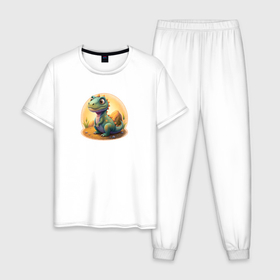 Мужская пижама хлопок с принтом Динозавр отдыхает в Курске, 100% хлопок | брюки и футболка прямого кроя, без карманов, на брюках мягкая резинка на поясе и по низу штанин
 | 