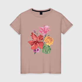 Женская футболка хлопок с принтом Цветы   букет в Белгороде, 100% хлопок | прямой крой, круглый вырез горловины, длина до линии бедер, слегка спущенное плечо | 