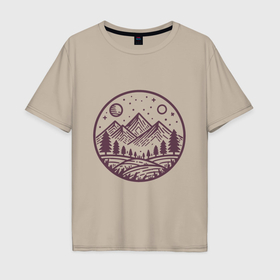 Мужская футболка хлопок Oversize с принтом Солнце над горами лайн арт в Курске, 100% хлопок | свободный крой, круглый ворот, “спинка” длиннее передней части | 