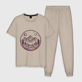 Мужская пижама хлопок с принтом Солнце над горами лайн арт в Тюмени, 100% хлопок | брюки и футболка прямого кроя, без карманов, на брюках мягкая резинка на поясе и по низу штанин
 | 