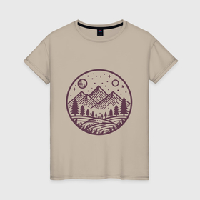 Женская футболка хлопок с принтом Солнце над горами лайн арт в Петрозаводске, 100% хлопок | прямой крой, круглый вырез горловины, длина до линии бедер, слегка спущенное плечо | 