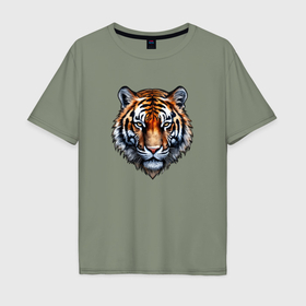 Мужская футболка хлопок Oversize с принтом Тигр акварельный , 100% хлопок | свободный крой, круглый ворот, “спинка” длиннее передней части | 