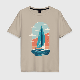 Мужская футболка хлопок Oversize с принтом Парусник на волнах в Курске, 100% хлопок | свободный крой, круглый ворот, “спинка” длиннее передней части | 