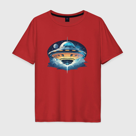 Мужская футболка хлопок Oversize с принтом НЛО летающая тарелка в Новосибирске, 100% хлопок | свободный крой, круглый ворот, “спинка” длиннее передней части | 