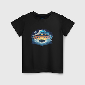 Детская футболка хлопок с принтом НЛО летающая тарелка в Санкт-Петербурге, 100% хлопок | круглый вырез горловины, полуприлегающий силуэт, длина до линии бедер | 